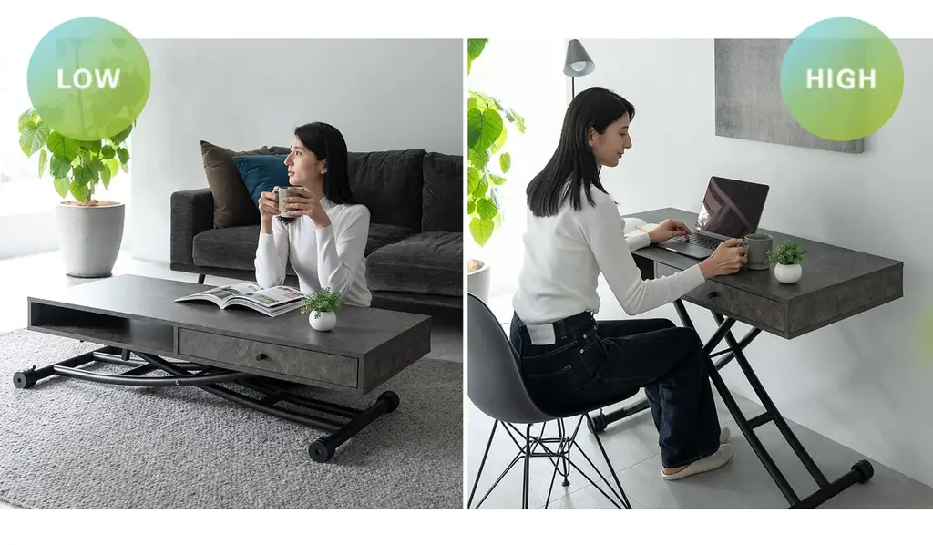 シーンに合わせた高さで健康的な姿勢をキープ！収納力とデザイン性を兼ね備えた、リビングをすっきり整える収納付き昇降テーブル『Altira（アルティラ）』を新発売！ 画像 3