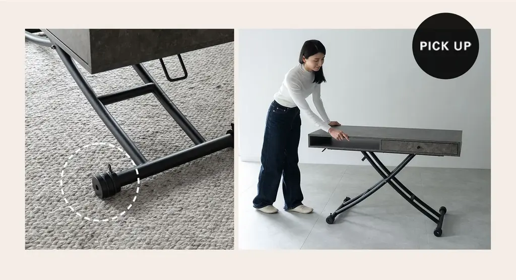 シーンに合わせた高さで健康的な姿勢をキープ！収納力とデザイン性を兼ね備えた、リビングをすっきり整える収納付き昇降テーブル『Altira（アルティラ）』を新発売！ 画像 7