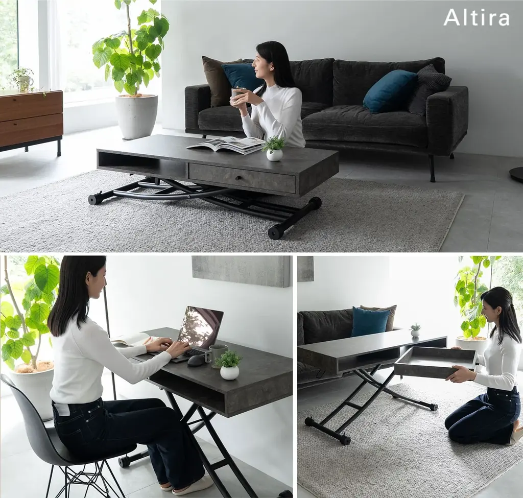 シーンに合わせた高さで健康的な姿勢をキープ！収納力とデザイン性を兼ね備えた、リビングをすっきり整える収納付き昇降テーブル『Altira（アルティラ）』を新発売！ 画像 8
