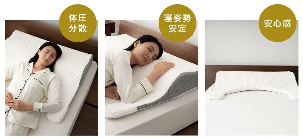 この大きさとカタチには意味がある！頭・首・背中・上腕と上半身まるごと“面で支える”超大型まくら『エムール プレミアム ボディアッパーピロー』が新登場！意匠登録済の独自形状で理想の寝姿勢をサポート！ 画像 4