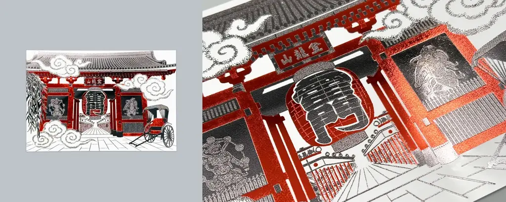 【新商品】箔押しブランド「ROKKAKU」より、全面箔押し加工の『日本名所シリーズ 雷門 箔押しポストカード 』が新登場！ 画像 3