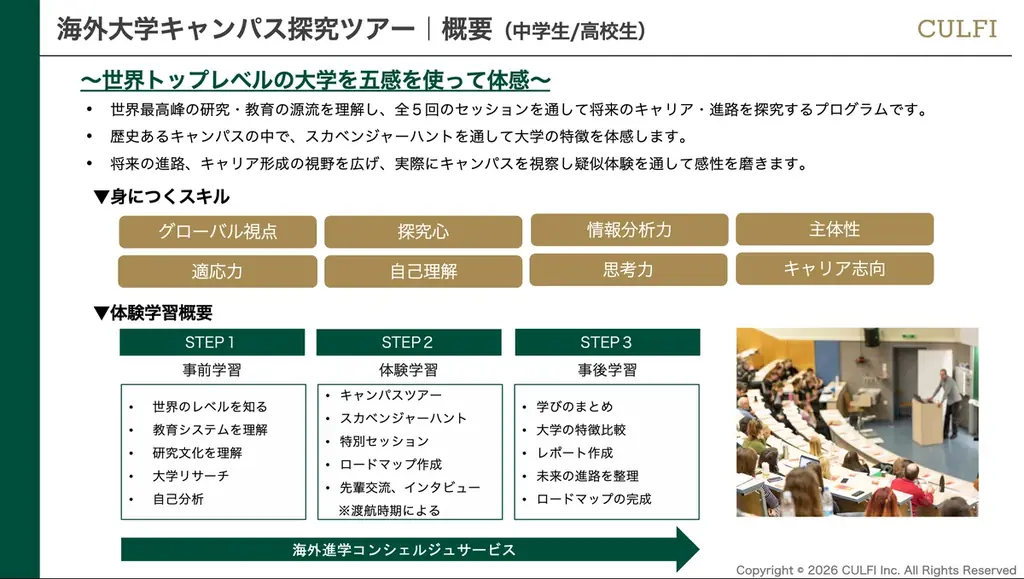 【日本初※】教育版ファミリーオフィスのCULFI、世界トップ大学への進学戦略を設計する『海外大学キャンパス探究ツアー』を2026年春に開催 画像 8