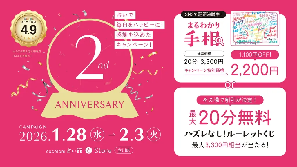 立川店2周年：まるわかり手相2,200円＆ルーレット