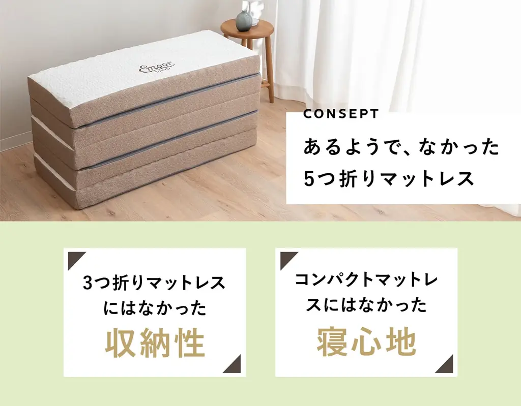 奥行きわずか39cmにしまえる本格マットレスが誕生！高機能マットレスの寝心地はそのままにコンパクトにたためる新設計。来客用やミニマルな暮らしにぴったりな『5つ折りマットレス』です！ 画像 2