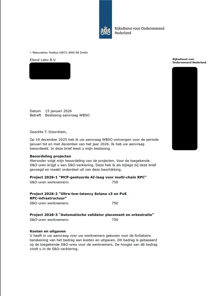 ELSOUL LABO、WBSO 2026 に採択。5年連続でオランダ政府より承認、Solanaを含む分散システム研究開発組織として評価 画像 2