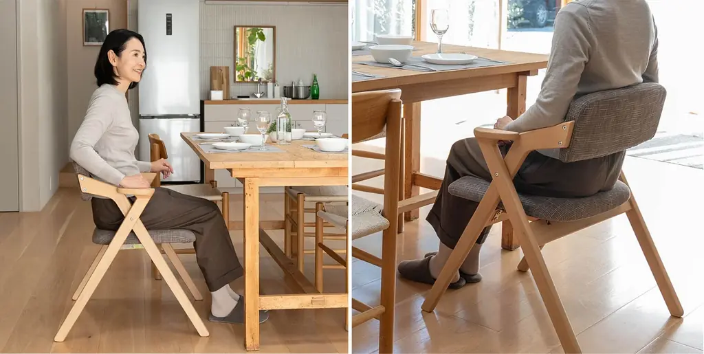 食事のしやすさと食後のひと休みを両立する椅子。人間工学から生まれた『食を楽しむための椅子～みのり～折りたたみタイプ』が新登場！折りたたみ椅子とは思えない十分以上の座り心地を提供します。 画像 5