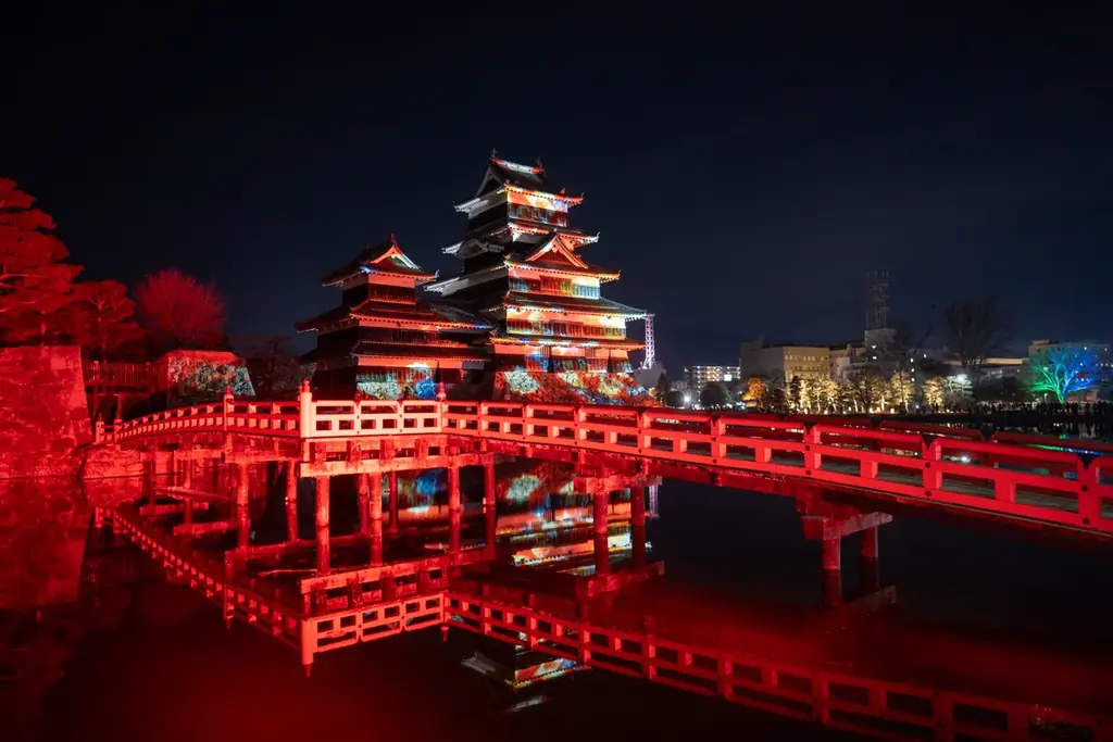 一旗プロデュース「国宝 松本城天守 プロジェクションマッピング 2025-2026」の来場者数が10万人を突破。春に咲き誇る桜や北アルプスの花々など、ダイナミックで幻想的なプロジェクションマッピング。 画像 4