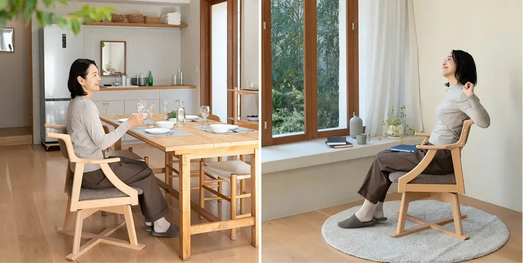 暮らしを助けるユニバーサルデザインチェア『食を楽しむための椅子～みのり～』第3弾として回転タイプが登場！食後の団らんまでを楽しむための基本設計に、立ち座りや向きの変更が楽になる回転機能を備えました。 画像 5