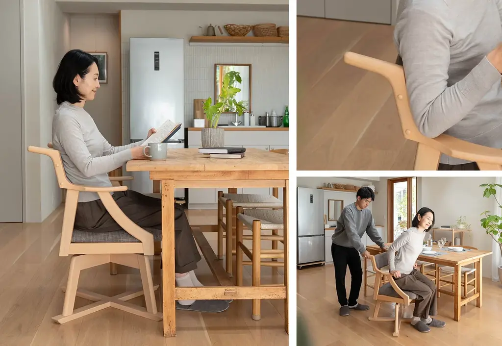 暮らしを助けるユニバーサルデザインチェア『食を楽しむための椅子～みのり～』第3弾として回転タイプが登場！食後の団らんまでを楽しむための基本設計に、立ち座りや向きの変更が楽になる回転機能を備えました。 画像 8