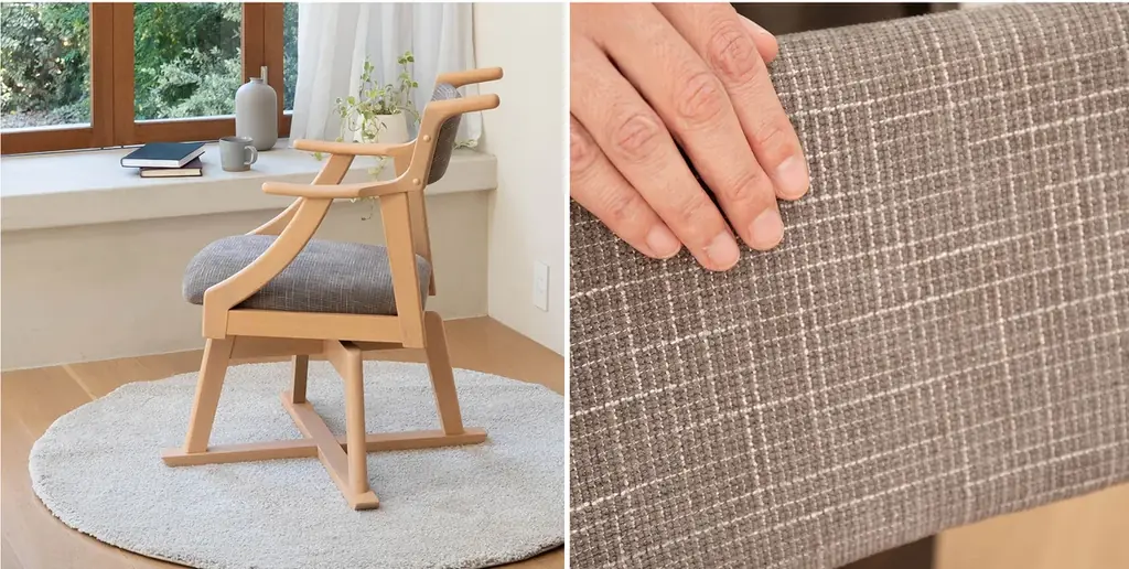 暮らしを助けるユニバーサルデザインチェア『食を楽しむための椅子～みのり～』第3弾として回転タイプが登場！食後の団らんまでを楽しむための基本設計に、立ち座りや向きの変更が楽になる回転機能を備えました。 画像 9