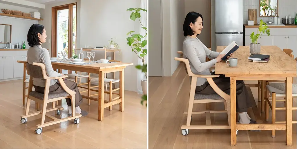 使う本人はもちろん、介助する家族のことも考えた食卓椅子が誕生。『食を楽しむための椅子～みのり～』にサポートタイプが新登場！食事や食後の団らんを楽しむ基本設計に、移動や介助のしやすさをプラス 画像 5