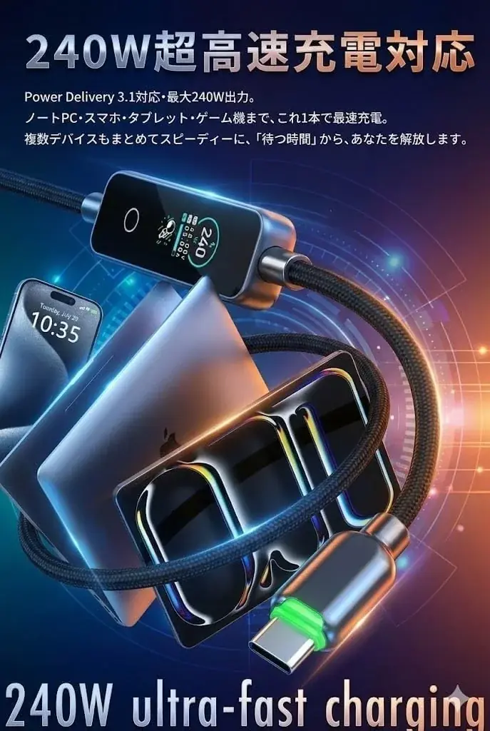 【MATECH】世界初のリアルタイムディスプレイ搭載、最大240W対応のUSB-Cケーブル「PowerSight 240W」を販売開始 画像 3