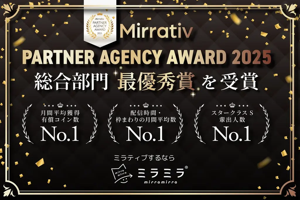 ミラティブパートナー事務所「ミラミラ」が「Mirrativ PARTNER AGENCY AWARD 2025」にて総合部門「最優秀賞」を受賞！最上位ランク「プラチナ」パートナー事務所に 画像 1
