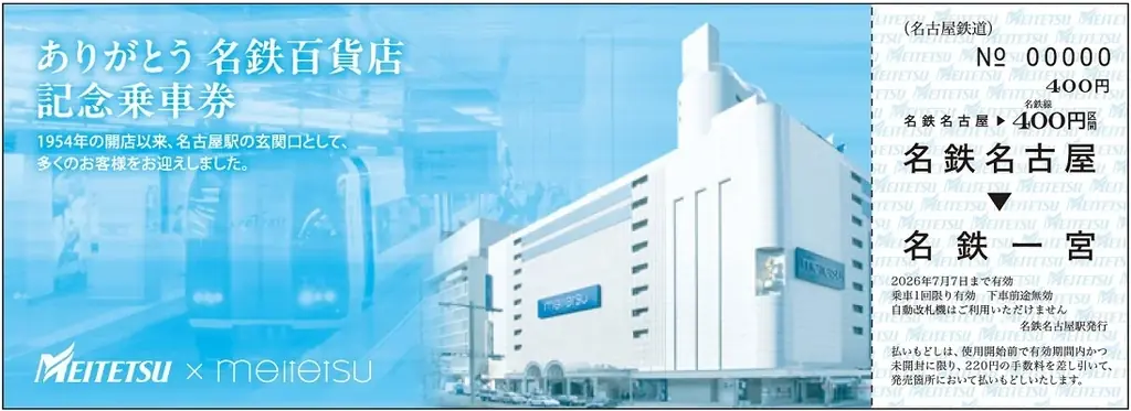 「ありがとう 名鉄百貨店 記念乗車券」を発売します 画像 2