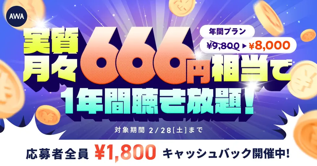 AWA年間プランが実質月666円に　1,800円キャッシュバック