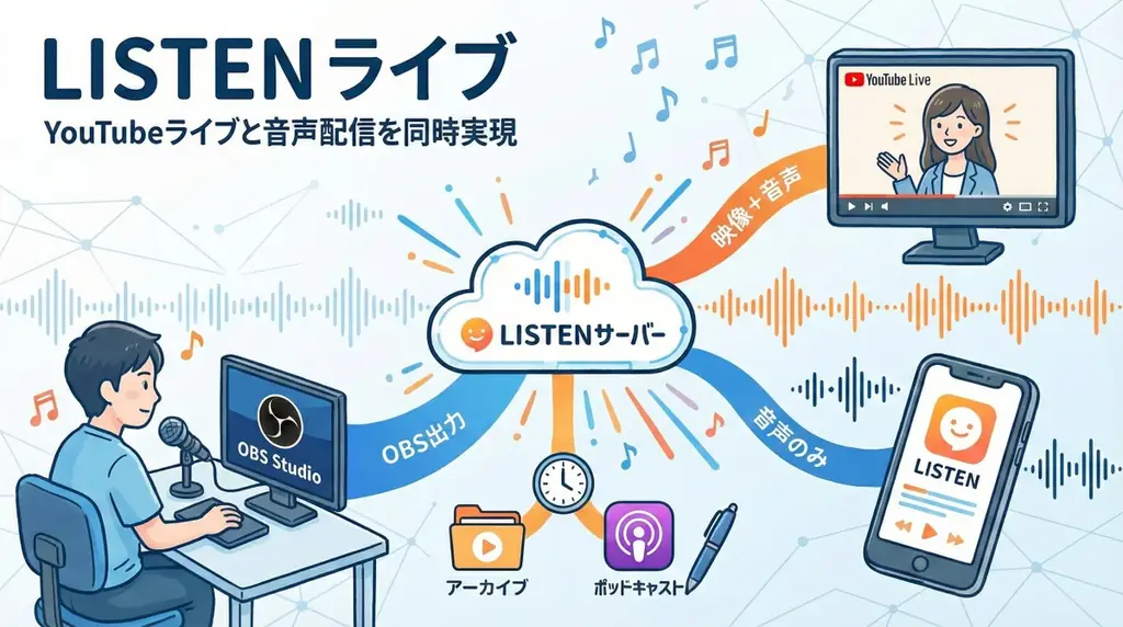ポッドキャストプラットフォーム「LISTEN」、YouTubeライブと音声配信を同時に実現する新機能「LISTENライブ」をリリース 画像 1