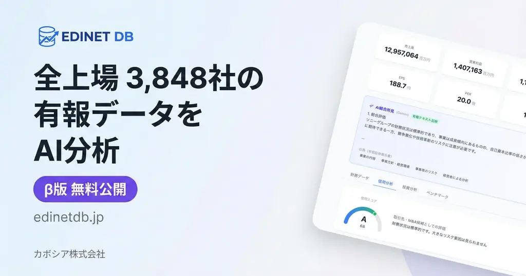 全上場3,848社の有報データをAI分析、「EDINET DB」β版を無料公開 画像 1