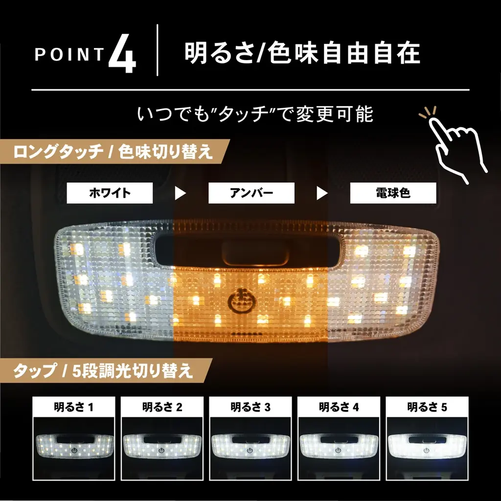 【新発売】ジムニー/ジムニーシエラ/ノマド専用 タッチで切り替え らくらく調光LEDルームランプ販売開始。気分に合わせて3色5段階の明るさ・色味をワンタッチで簡単切り替え!! 画像 8