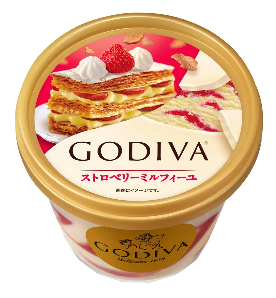 パリッとしたホワイトチョコレートコーティングが贅沢な味わいのゴディバのアイススイーツコレクション第一弾！ゴディバ カップアイス「ストロベリーミルフィーユ」 画像 2
