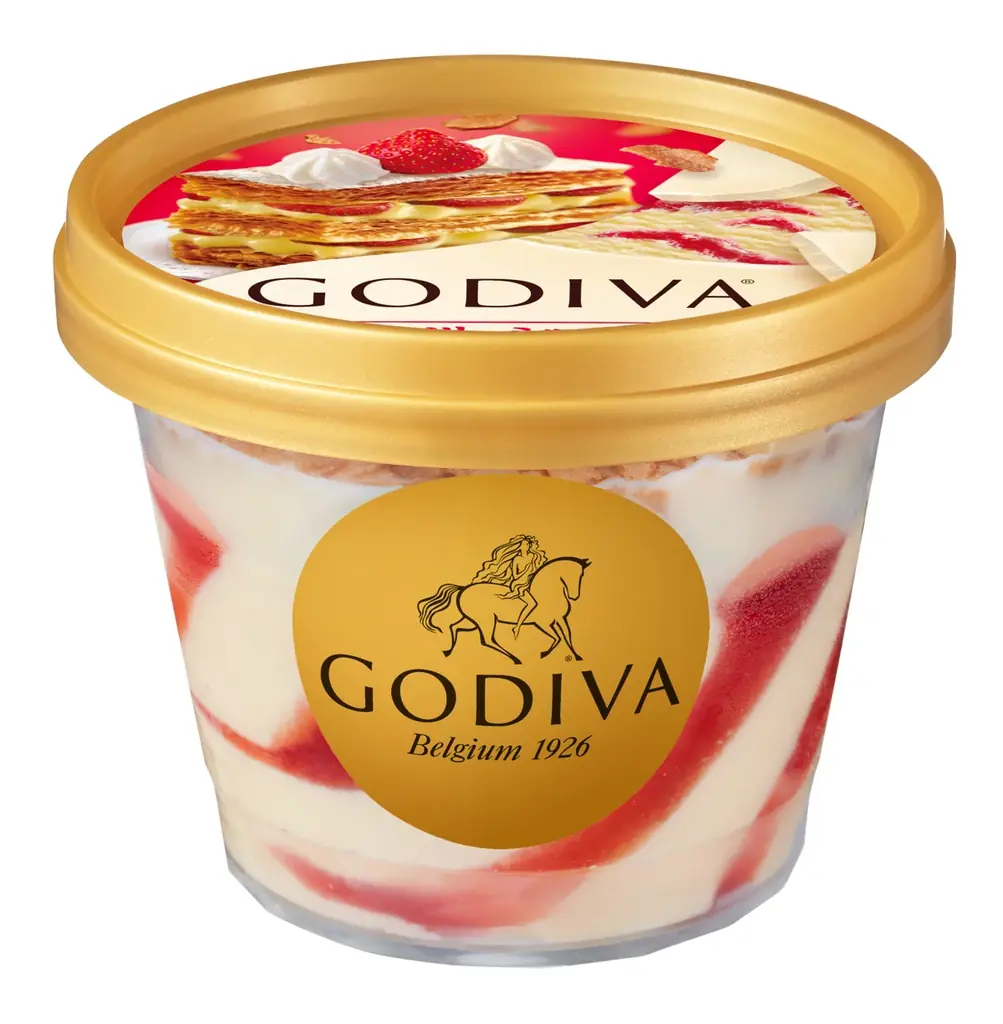 パリッとしたホワイトチョコレートコーティングが贅沢な味わいのゴディバのアイススイーツコレクション第一弾！ゴディバ カップアイス「ストロベリーミルフィーユ」 画像 3