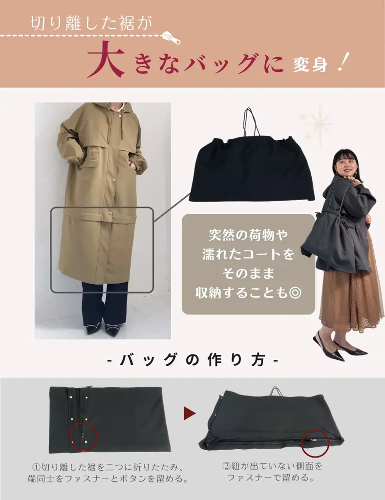裾がバッグに!?新発想の手ぶらコート。SNSで話題の元鈴木さんブランドから日本製生地を使った大容量8ポケット仕様の撥水コートが新登場！2月25日(水)販売。 画像 3