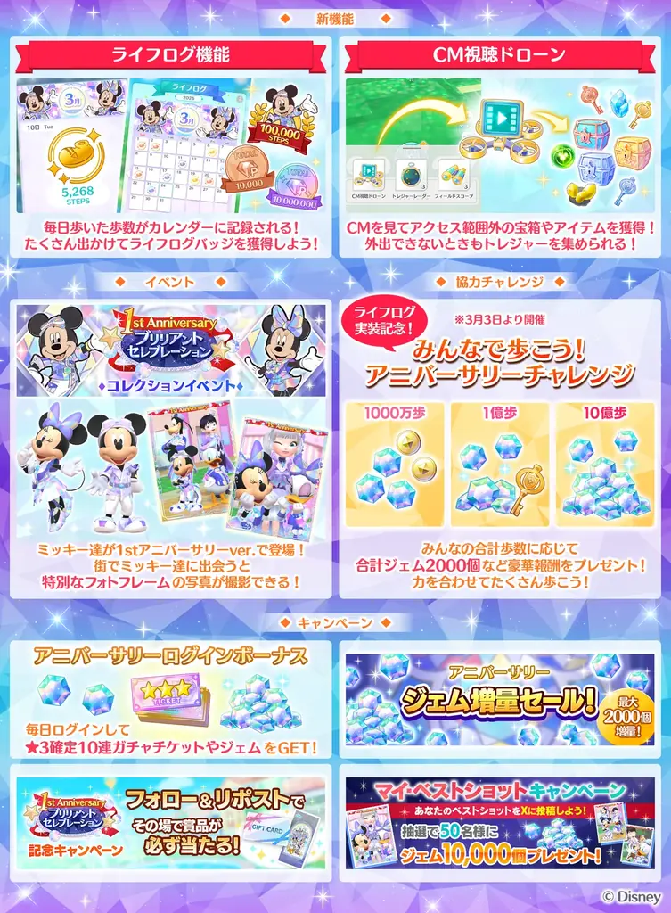 ディズニーのお散歩アプリ『Disney STEP（ディズニー ステップ）』サービス開始1周年。毎日の歩数を記録して専用バッジを集める、ライフログ機能を追加！ 画像 6