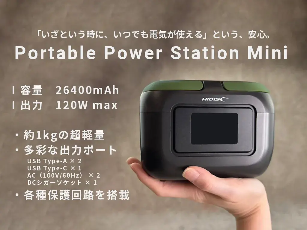 手のひらに収まるHIDISC小型ポータブル電源、携帯・防災向け