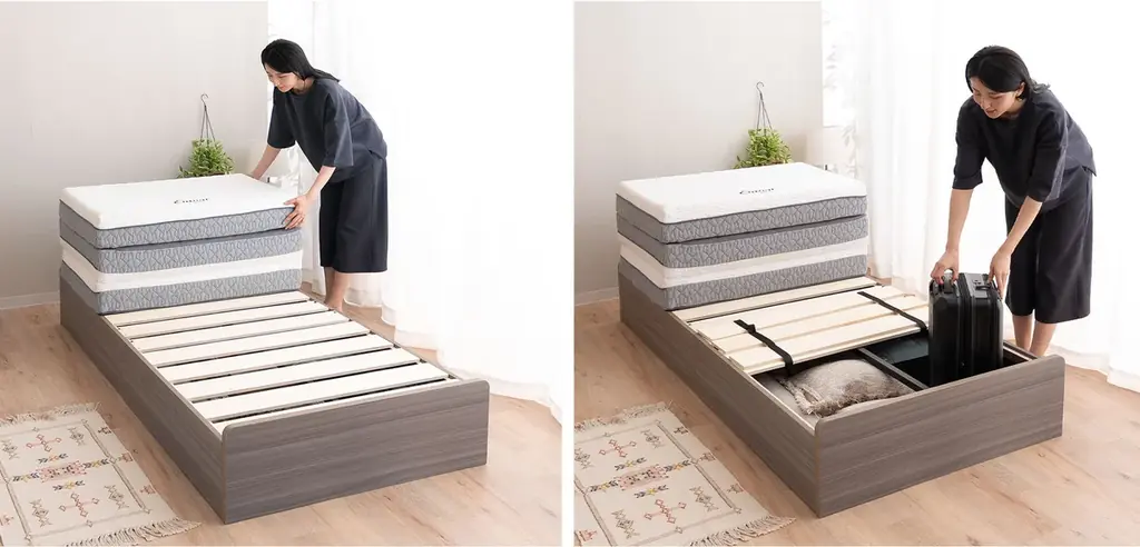 “収納が足りない”をベッドで解決！クローゼット級の超大容量収納を備えたベッド『ネバコ -NABAKO-』が新登場！人気の三つ折りマットレスと相性抜群のベッドフレームで新生活の睡眠と収納をアップデート！ 画像 6