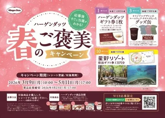 星野リゾート宿泊ギフト券やオリジナルグッズなど、豪華賞品が1,310名様に当たる！　「ハーゲンダッツ 春のご褒美キャンペーン」　3月9日（月）から5月11日（月）まで実施 画像 1