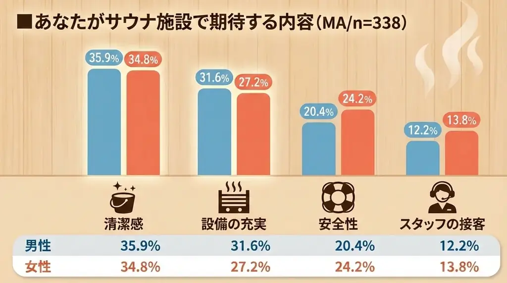 【サウナ利用に関する意識調査】20・30代の若年層が 「サ活」 を牽引！ 男性はコスパ・立地、女性は口コミを重視する傾向。 画像 4