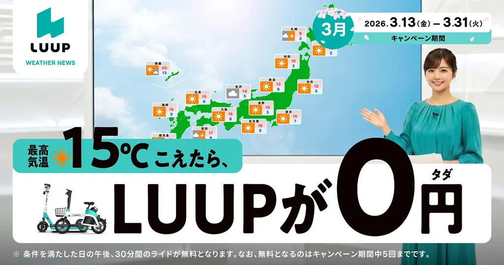 最高気温が15℃を超えたら、午後は30分間ライド無料！「15℃超えたらLUUPが無料キャンペーン」を3月13日より開催 画像 1