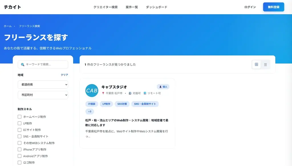 地域で活躍するフリーランスと事業者を直接つなぐマッチングサービス「チカイト」を公開 画像 2