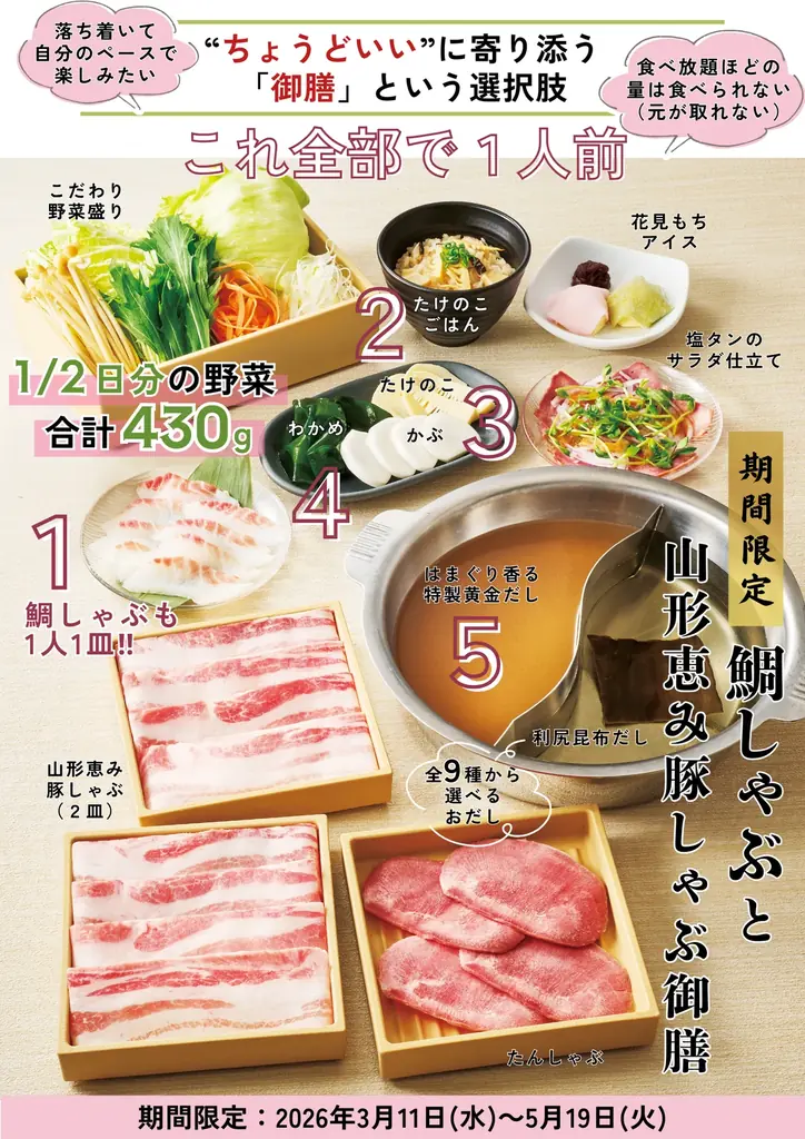 【しゃぶしゃぶ温野菜 イベントレポート】めで鯛、春到来！はまぐり香る黄金だしの「鯛しゃぶ」御膳が登場 ～春野菜・山形恵み豚・花見もちなどの季節限定メニューを一度に味わう～ 画像 10