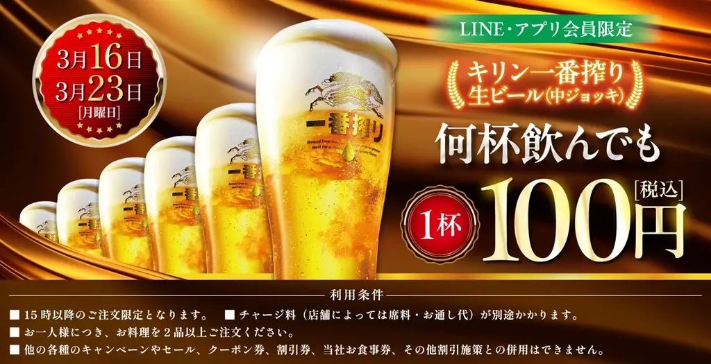 LINE・アプリ会員限定【3月16日、3月23日】マンデー＼生ビール1杯100円セール／を開催！ 画像 1