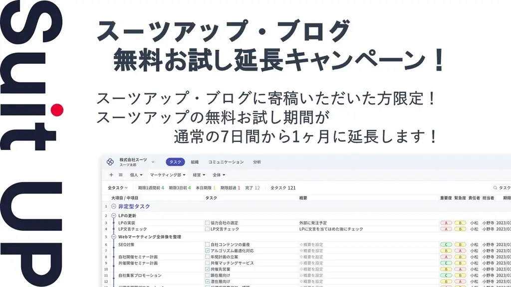 AIタスク管理・プロジェクト管理ツール「スーツアップ」、2026年3月度無料お試し延長キャンペーン 画像 1