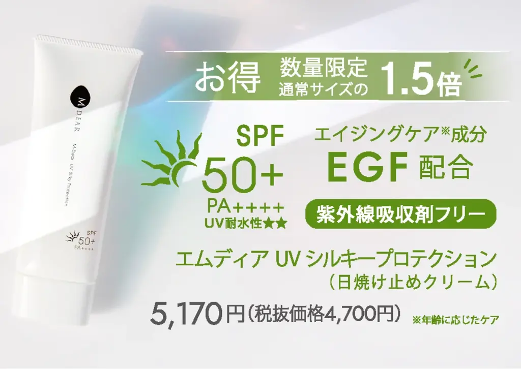 【お得なBIGサイズ】通常の1.5倍！日焼け止めクリーム「エムディア　ＵＶシルキープロテクション」数量限定発売 画像 1