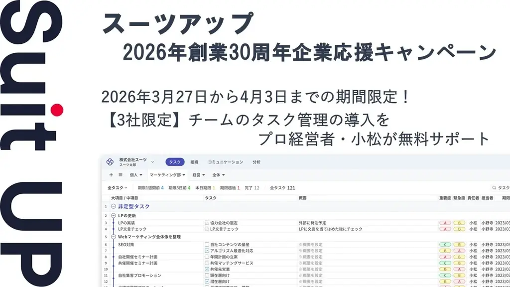 スーツアップ、3社限定で30周年企業を無料支援