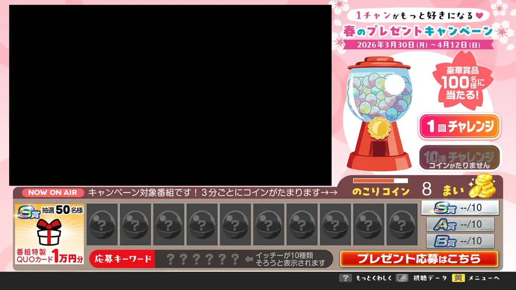 QUOカード1万円分など豪華賞品が当たるチャンス！「ONE－FAN 東海テレビ 1チャンがもっと好きになる春のデータ放送キャンペーン」が３月30日（月）からスタート！！ 画像 2