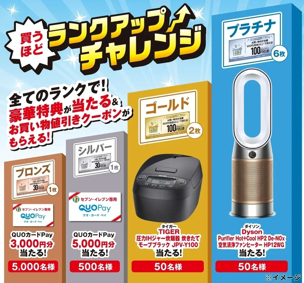 「QUOカードPay」「タイガー 圧力IHジャー炊飯器」「Dyson 空気清浄ファンヒーター」などが当たるチャンス！セブン‐イレブンアプリで「買うほどランクアップチャレンジ」が4月も開催 画像 1