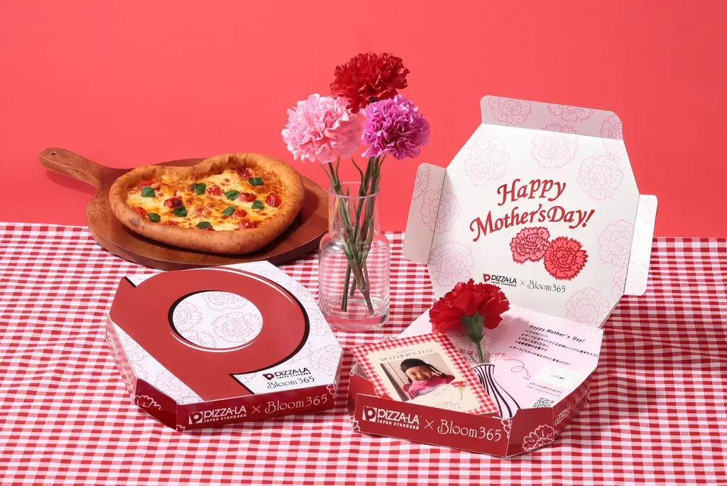 PIZZA-LAとBloom365が初コラボ！ピザ箱を開けるとカーネーションが現れる、母の日限定ギフト「Thanks Mom PIZZA-LA」を4月1日（水）発売 画像 1