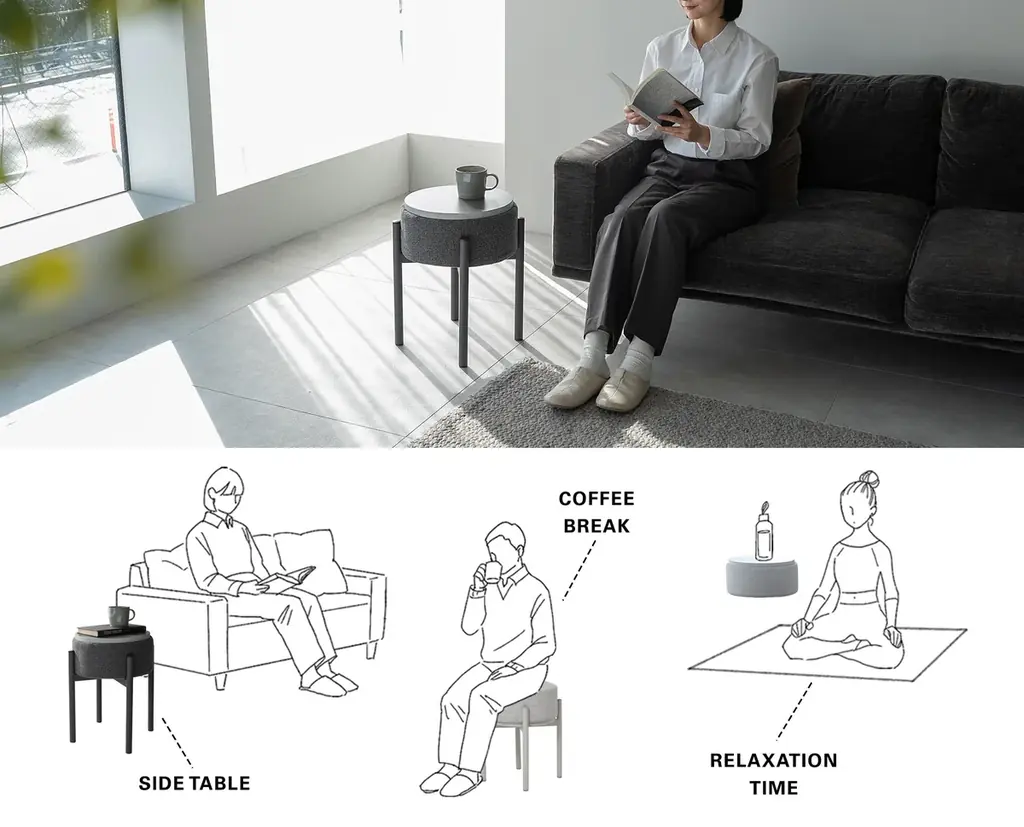 トランスフォーム家具ブランドTATAMU®から、シーンによってテーブル⇔スツールと役割をスイッチできるスタッキングスツール「MORPHIN（モーフィン）」が新登場。 画像 4