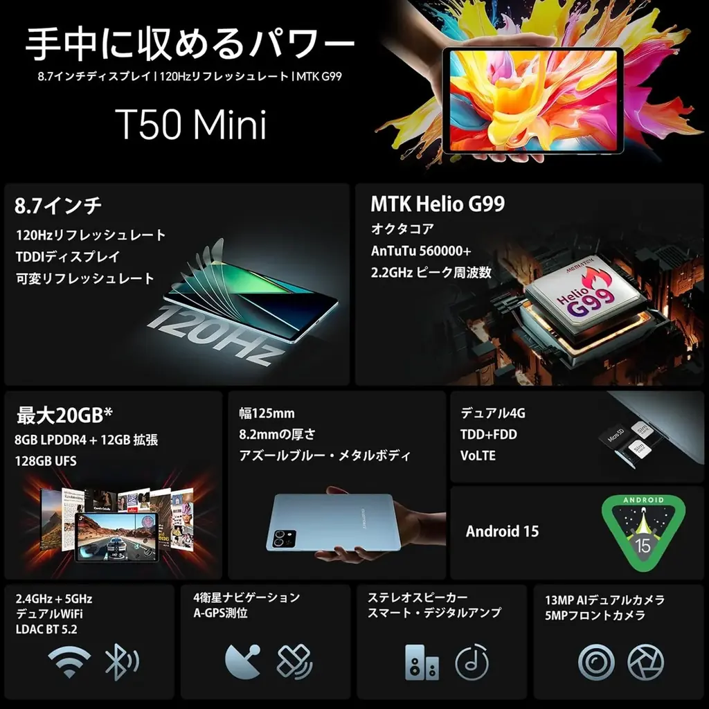 【16873円ゲット】Android 15 タブレット「Teclast T50Mini」が大特価｜通常20,900円→16,873円の期間限定セール /20GB+128GB/8.7インチ/120Hz 画像 6