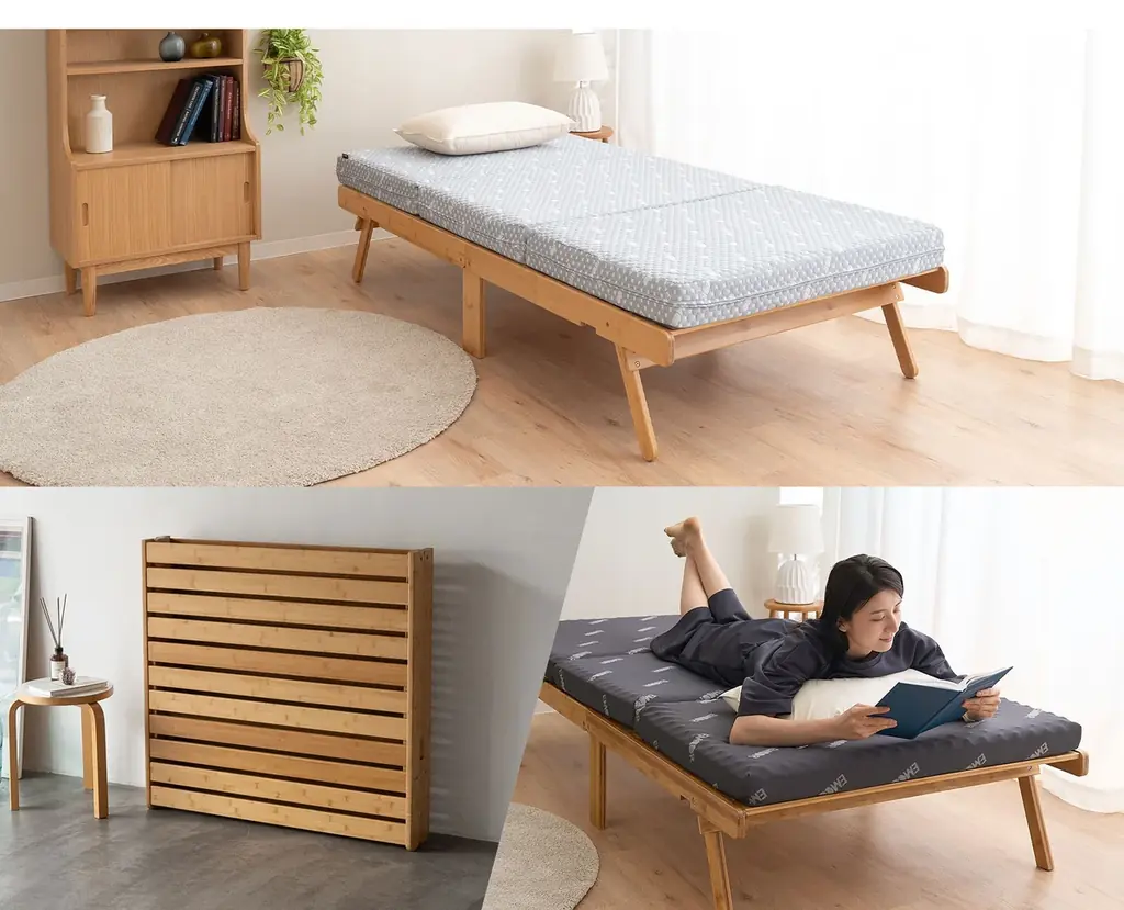 人気の天然竹折りたたみすのこベッド『WABINE-侘寝-』に、軽やかな寝心地と安定感のある寝心地、2タイプから選べるマットレスセットが新生活を応援する特別価格で新登場。 画像 2