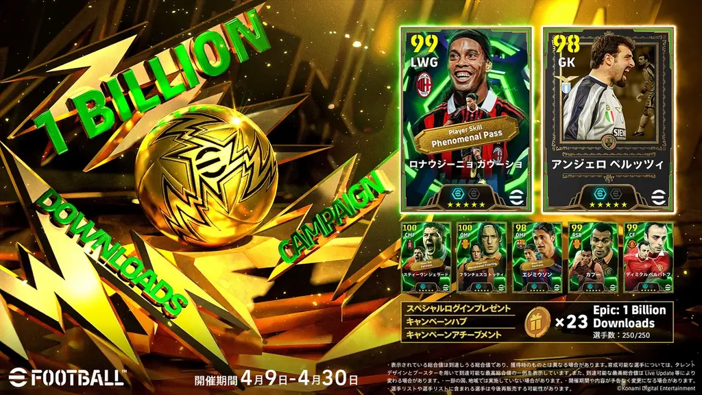 『eFootball™』世界累計10億ダウンロード突破を記念したキャンペーンを開催中　今なら無料でロナウジーニョ ガウーショを含む豪華レジェンドが手に入る！ 画像 2