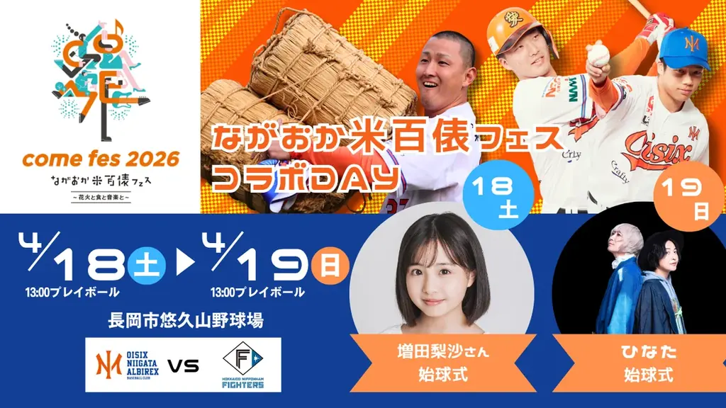 【オイシックス新潟】4/18・19の日本ハム戦にて「ながおか米百俵フェス コラボDAY」開催！増田梨沙さん・ひなたさんによる始球式が決定 画像 1