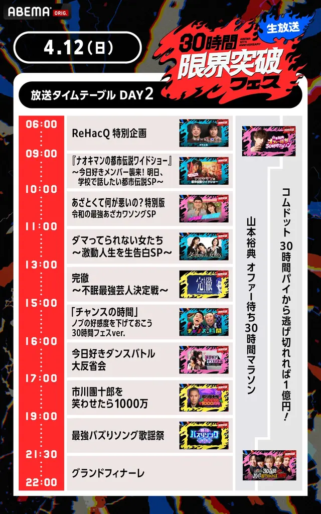 「ABEMA」開局10周年記念特番『30時間限界突破フェス』本日4月11日（土）午後3時より生放送！3チャンネルで同時進行 画像 3
