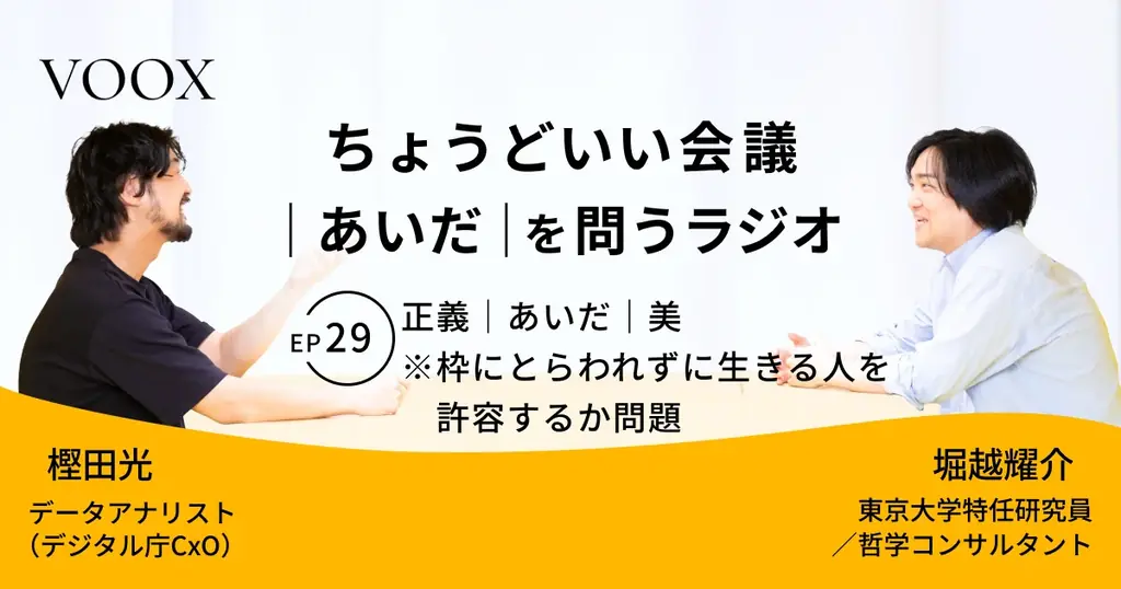 ちょうどいい会議｜あいだ｜を問うラジオ『Ep29: 正義｜あいだ｜美　※枠にとらわれずに生きる人を許容するか問題』音声教養メディアVOOX/Spotifyにて、配信開始！ 画像 1