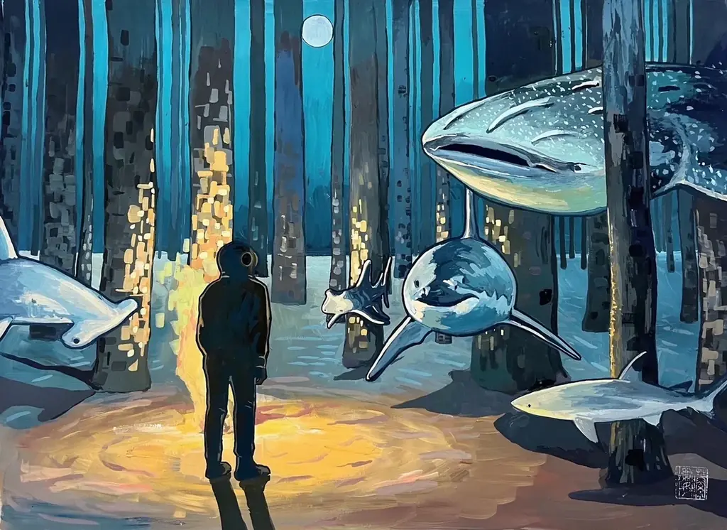 【阪神梅田本店】作品に度々登場する潜水士は、未知へ飛び込むものを象徴。画面に“現実と非現実のあわい(間)”を表現する画家フジサクラの個展を開催いたします。 画像 3