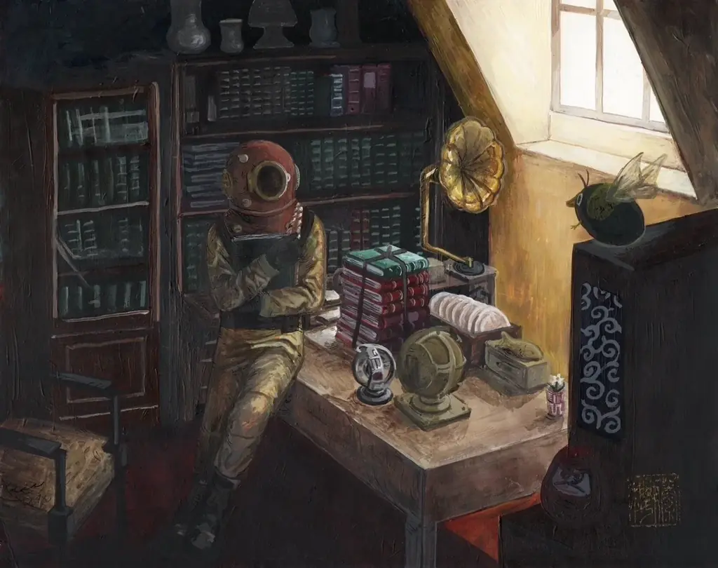 【阪神梅田本店】作品に度々登場する潜水士は、未知へ飛び込むものを象徴。画面に“現実と非現実のあわい(間)”を表現する画家フジサクラの個展を開催いたします。 画像 4