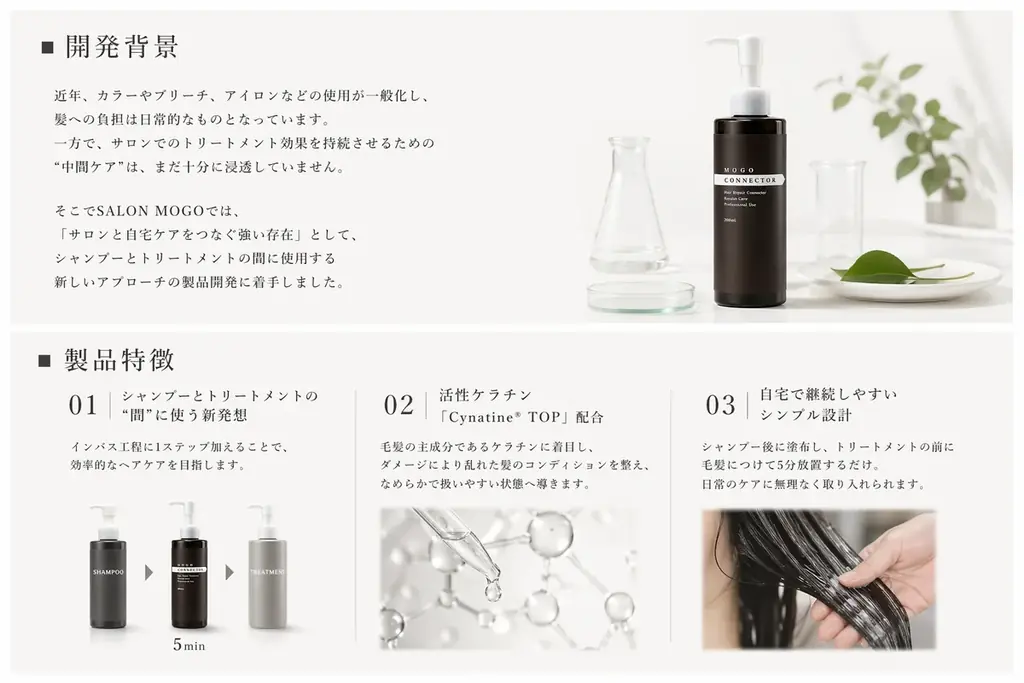 累計10万個突破のサロン発想のヘアケアブランド「MOGO」シリーズから待望のホーム集中トリートメントが登場！シャンプーとトリートメントの間に使う新発想のヘアケアで、カラー後の傷んだ毛先が指通り抜群に。 画像 2